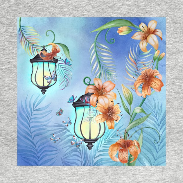 Vintage streetlights with Lily flowers and tropical leaves ornament. Magic floral scenery. Fairy spring garden watercolor illustration by likapix